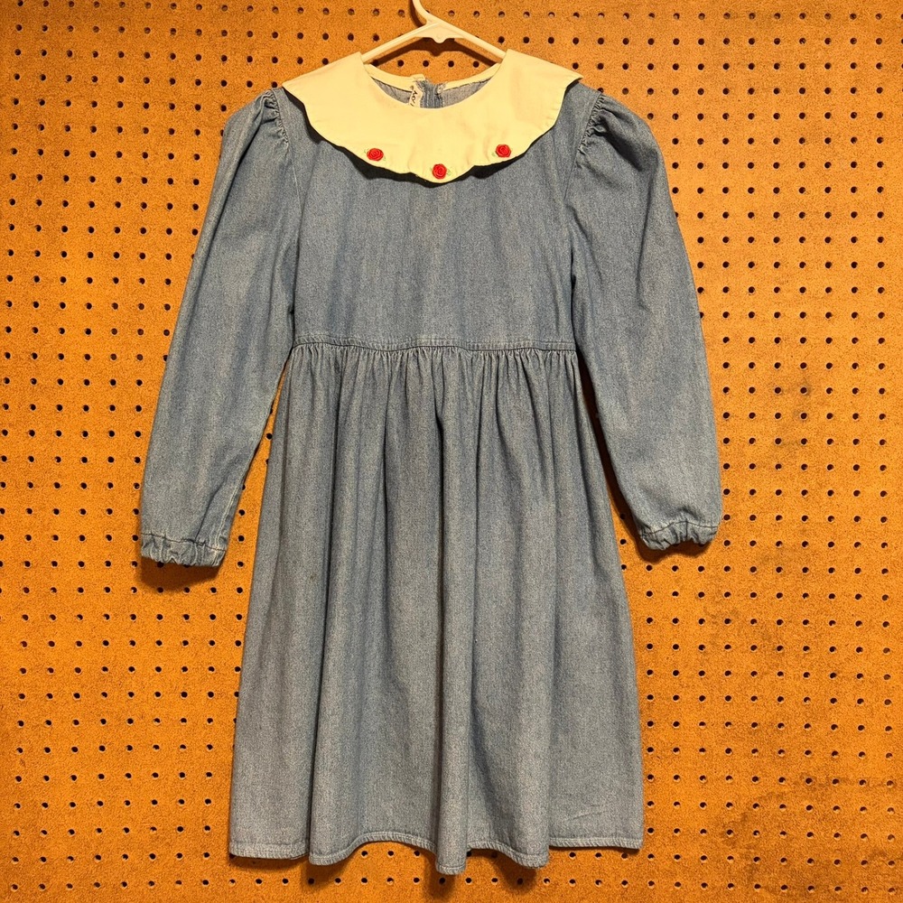 Vintage My Michelle Girls Blue Denim Dress Peter Pan Collar Rose Detail Size 12